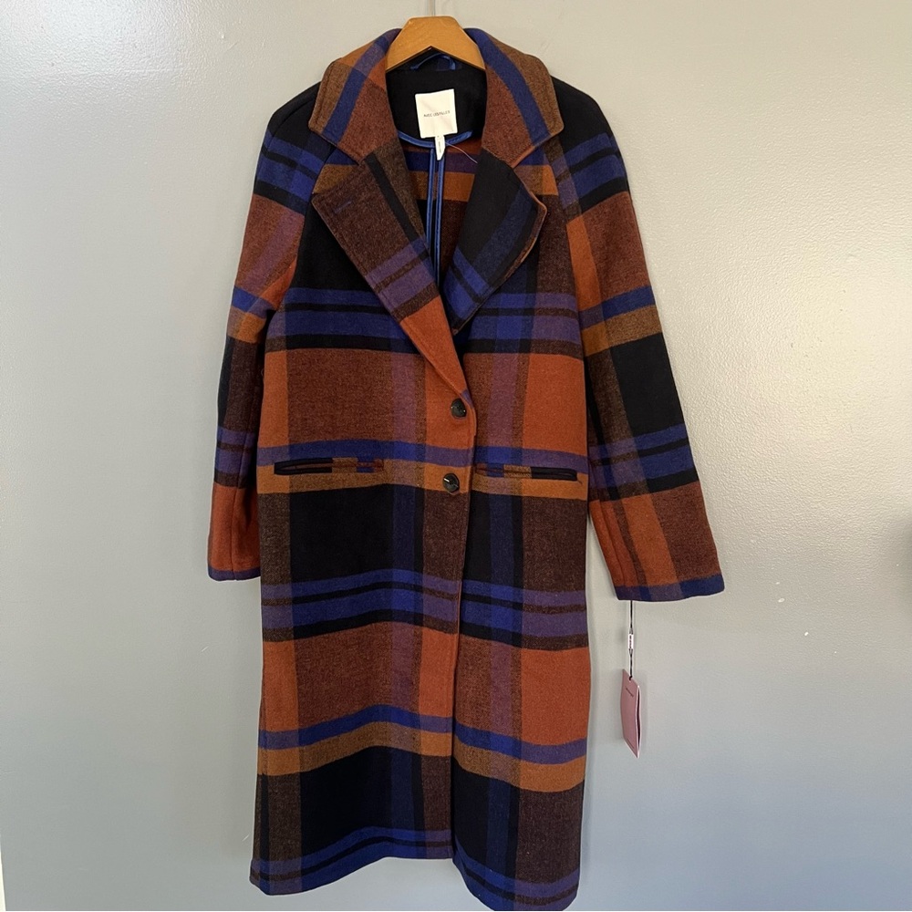 Anthropologie Brown, Blue & Black Plaid Wool-Blend Double-Breasted Pea Coat - Picture 4 of 10
